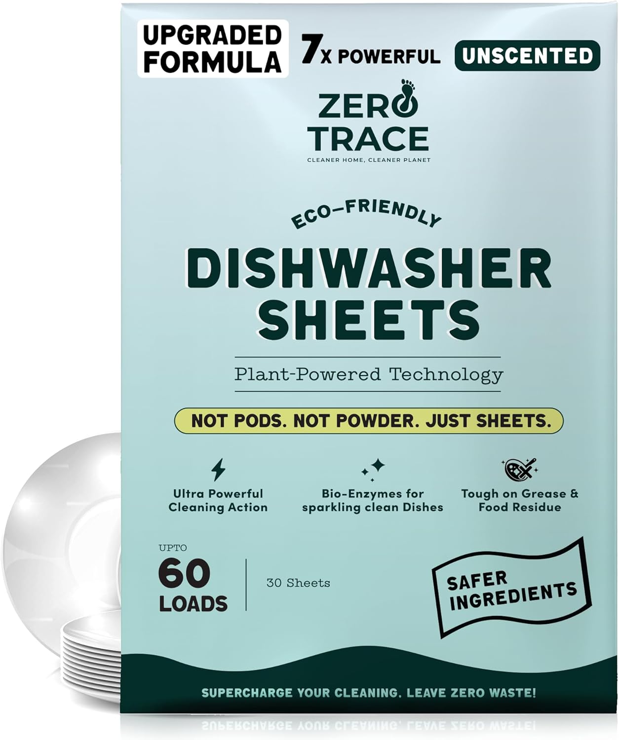 Zero Trace Dishwasher Detergent Eco-Friendly Sheets for Dish Washing - Plant Powered Technology - Lemon Scent - 60 Loads