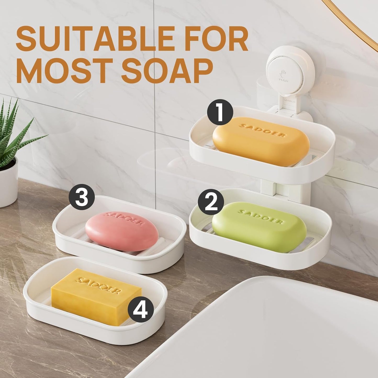 LEVERLOC Soap Holder Shower with Hooks, Bar Suction Cup Soap Dish Tray for Wall, Rust-Proof Stainless Steel Sponge Caddy for Bathroom Accessories Organizer Bathtub Kitchen Sink, Black