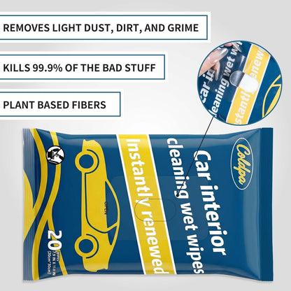 Car Interior Cleaning Wipes - Pre-Moistened Wet Wipes for Dashboard, Leather Seats, Console, Low-Residue Formula, Streak-Free Finish