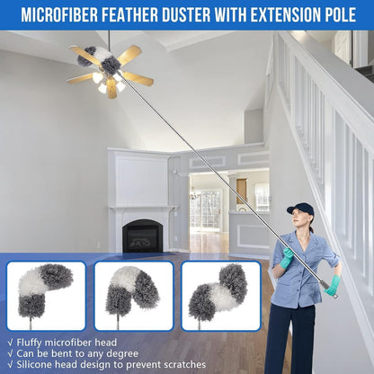 4 Pcs Microfiber Cobweb Duster with 100-inch Extendable Pole, Washable and Reusable Feather Cleaning Duster Kit with 3 Duster Heads,Dusters for Cleaning with Telescopic Pole for High Ceiling Fan