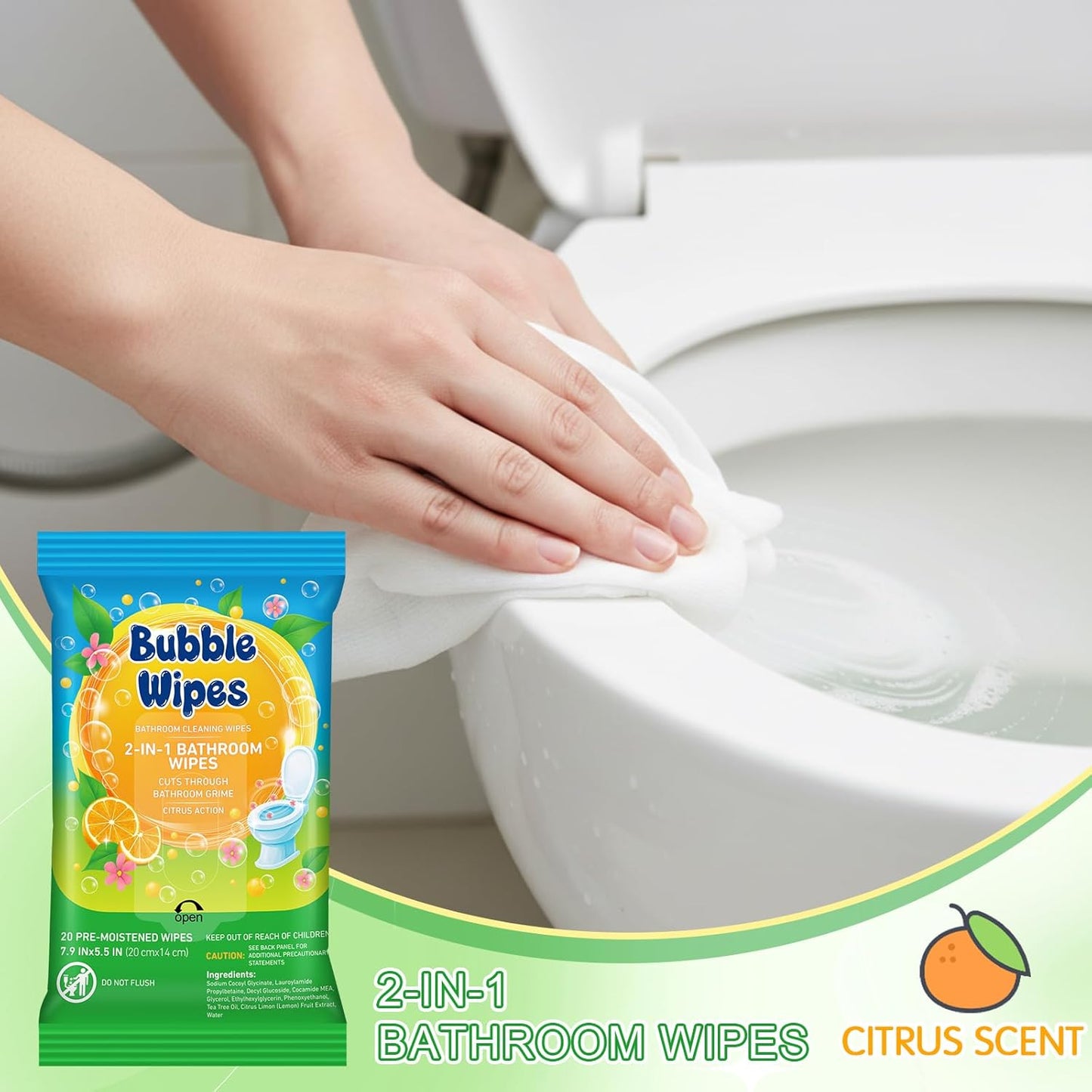 10-pack Bathroom Cleaning Wipes 100/200 Count 2-in-1 Citrus Scent Wipes Cleaner for Bathroom Toilet, Sink, Tile & Shower -Reusable Sealable Pouch, No Scrubbing Needed