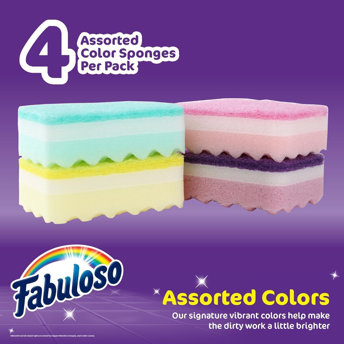 Fabuloso Scratch-Free Kitchen Dish Sponges, Purple Cellulose Scrubber Sponge with Scouring Pad for Dishes, Pots, Pans, Counters and Sinks, Tough on Messes, 4.25 x 2.75 x 1.25 in, 6 Count