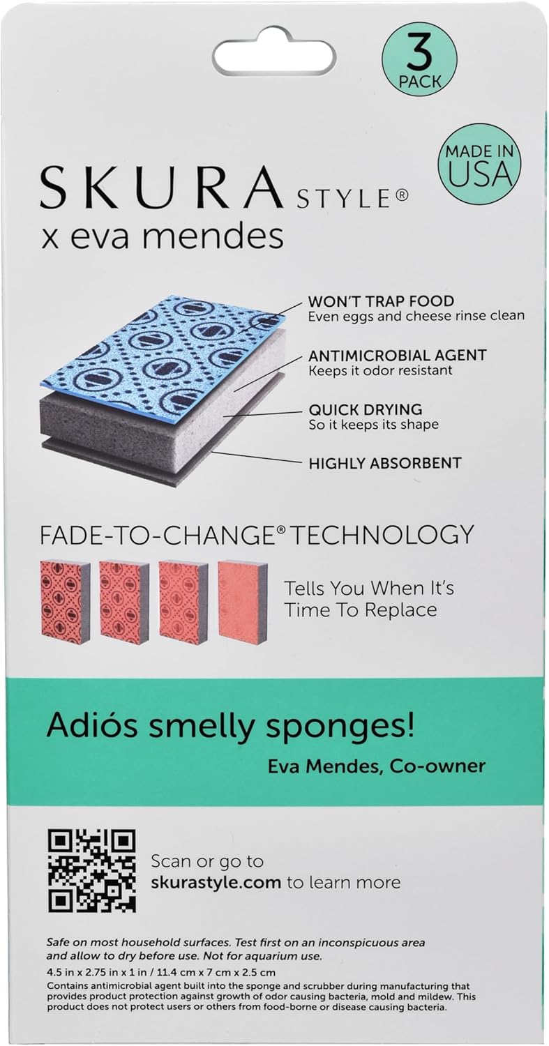 Skura Style Smart Kitchen Dish Sponges (Bulk 8 Pack) | Odor Free Non-Scratch Scrub Pad | Household Cleaning Scrubber for Sink, Counters, Surfaces, Pots, Pans, Dishwashing | Color-Fade Change Indicator