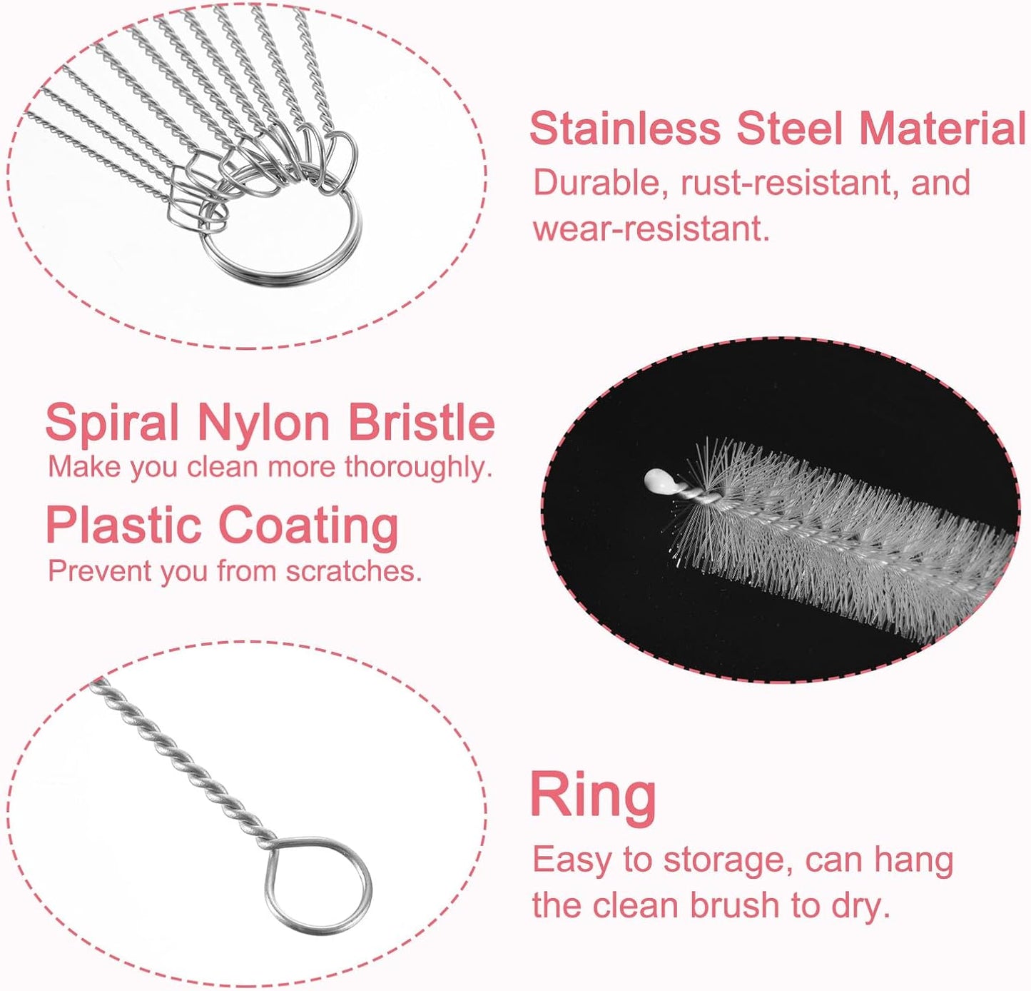 uxcell Straw Cleaner Brush Set, 8.3 Inch Nylon Tube Pipe Cleaners, Set of 10 Stainless Steel Long Straw Brush for Drinking Straw, Bottle, Tube, Cup, Pink