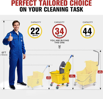 MATTHEW CLEANING 34Quarts Commercial Mop Bucket INCL.Wet String Mop with Down Press Wringer On Wheels,Industrial Heavy-Duty Floor Cleaning w/Handle, Mop Bucket for Home,Offices,Commercial, Restaurants