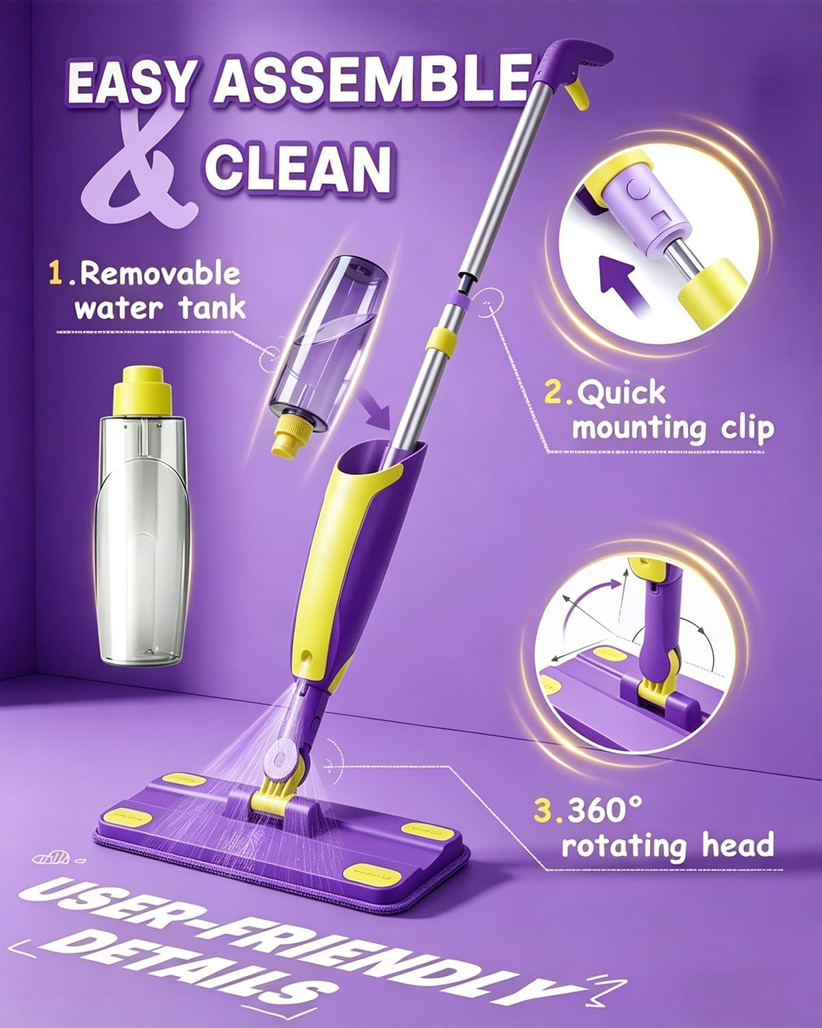 Kids Spray Mop Toddler Cleaning Set with Realistic Spray Bottle 2 Washable Pads and Scraper Montessori Pretend Play Housekeeping Toy for Boys Girls Age 1-3