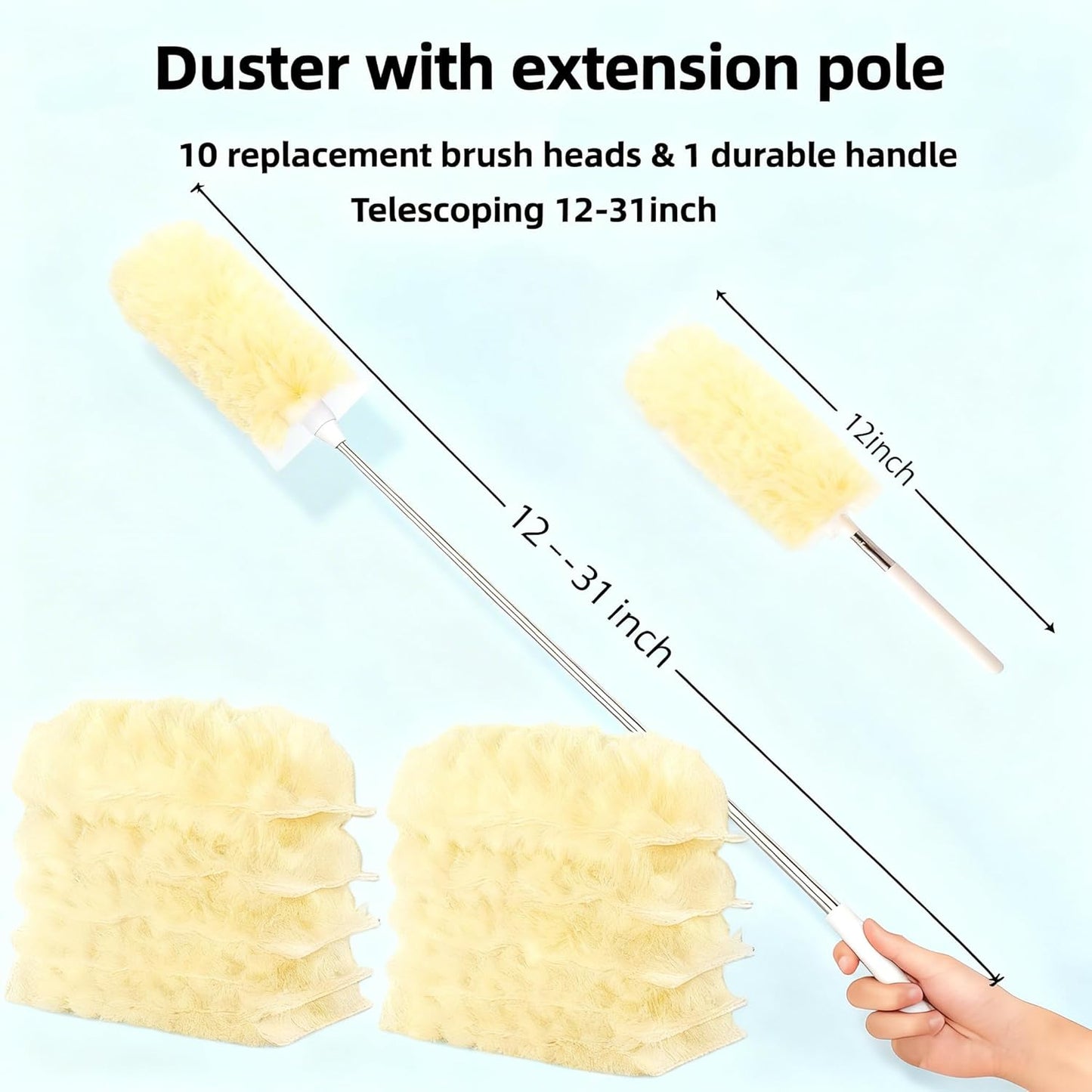 Heavy Duty Duster Refills, Disposable Dusters Kit for Cleaning Dusting Furniture Blind Ceiling Fan, Multi Surface 360 Feather Duster(10)+3FT Extended Handle（1） (Navy Blue)