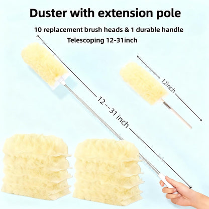 Heavy Duty Duster Refills, Disposable Dusters Kit for Cleaning Dusting Furniture Blind Ceiling Fan, Multi Surface 360 Feather Duster(10)+3FT Extended Handle（1） (Navy Blue)