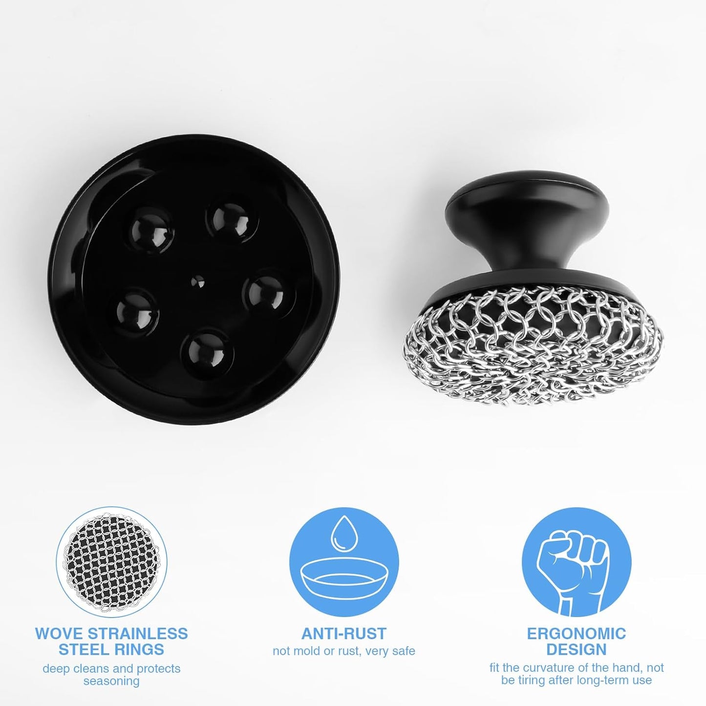 Cast Iron Scrubber Cleaner, Chainmail Scrubber for Cast Iron Pan Skillet, Dish Scouring Pad, 316 Stainless Steel Brush/Scraper for Metal Skillet Scrubbing, Wok, Dutch Oven Cleaning Kit - Thin Mesh