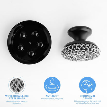 Cast Iron Scrubber Cleaner, Chainmail Scrubber for Cast Iron Pan Skillet, Dish Scouring Pad, 316 Stainless Steel Brush/Scraper for Metal Skillet Scrubbing, Wok, Dutch Oven Cleaning Kit - Thin Mesh