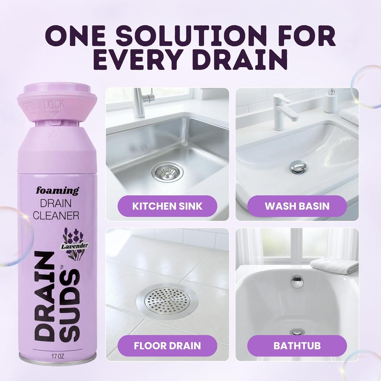SonicPower Foaming Drain Cleaner, Sink Cleaner and Deodorizer, Drain Clog Remover for Kitchen Sinks, Bathrooms, Shower Drains, Tubs, Washbasin, Clogged Pipe Opener, Lemon and Lavender, 2 Pack