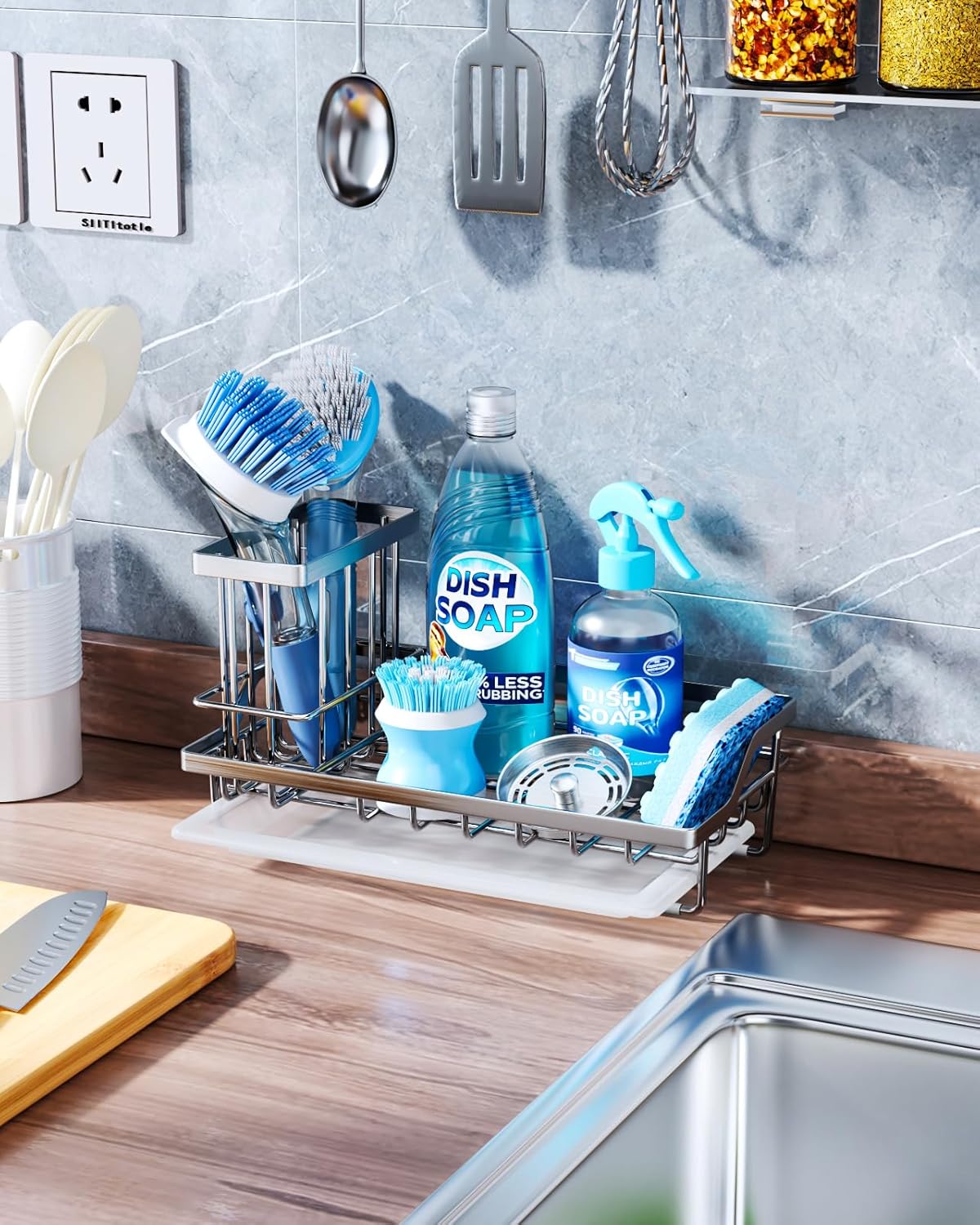 Consumest Sink Caddy, Kitchen Sponge Holder with Dish Brush Holder, Kitchen Organizer with Drip Tray for Countertop, Stainless Steel Rustproof - Silver