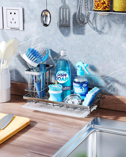 Consumest Sink Caddy, Kitchen Sponge Holder with Dish Brush Holder, Kitchen Organizer with Drip Tray for Countertop, Stainless Steel Rustproof - Silver