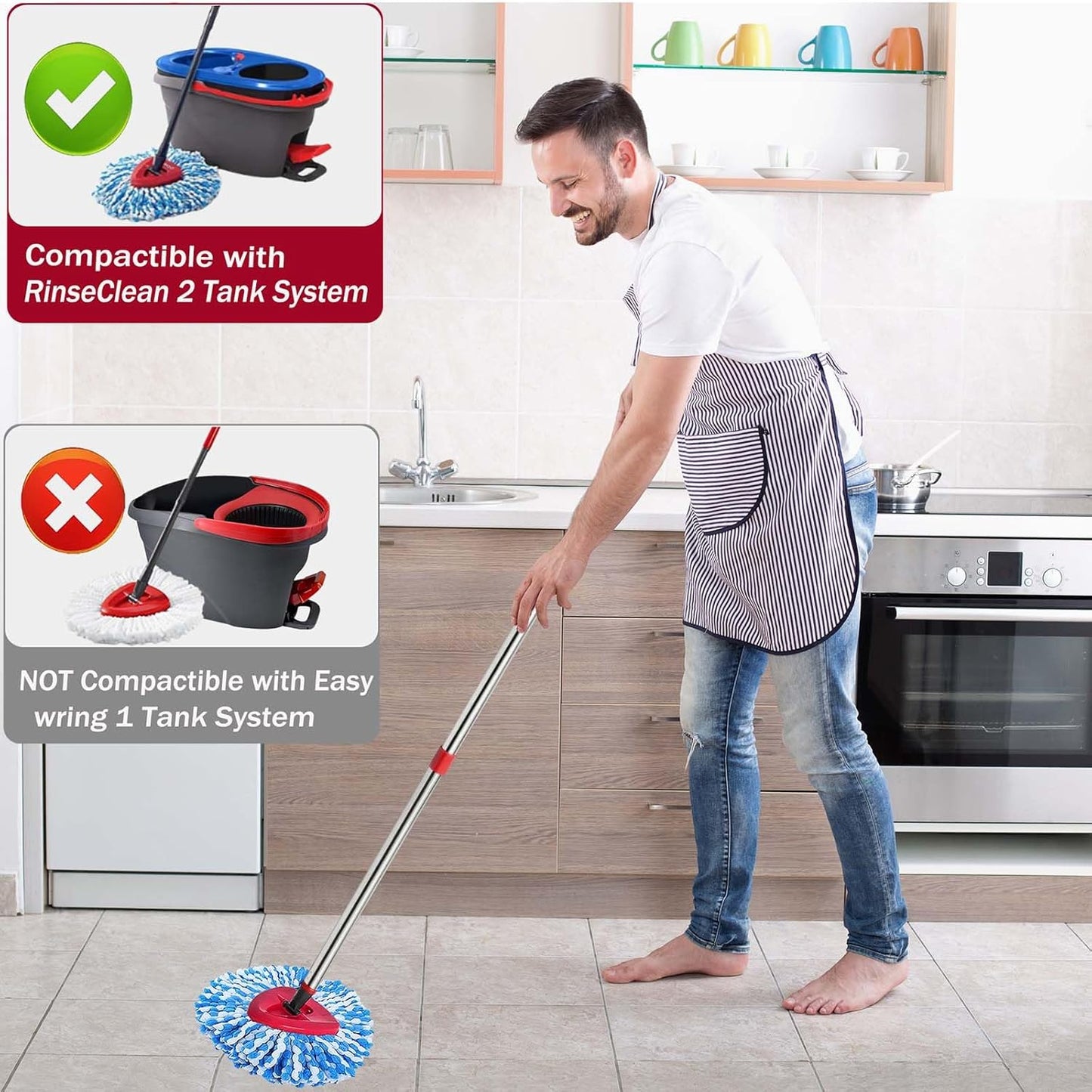 Spin Mop Replace Heads for O Cedar Rinse Clean 2 Tank System, Spin Mop Replacement Head 4 Microfiber Mop Refills, 1 Triangle Head Cover and 30-58in Handle 1 1Scrub Brush