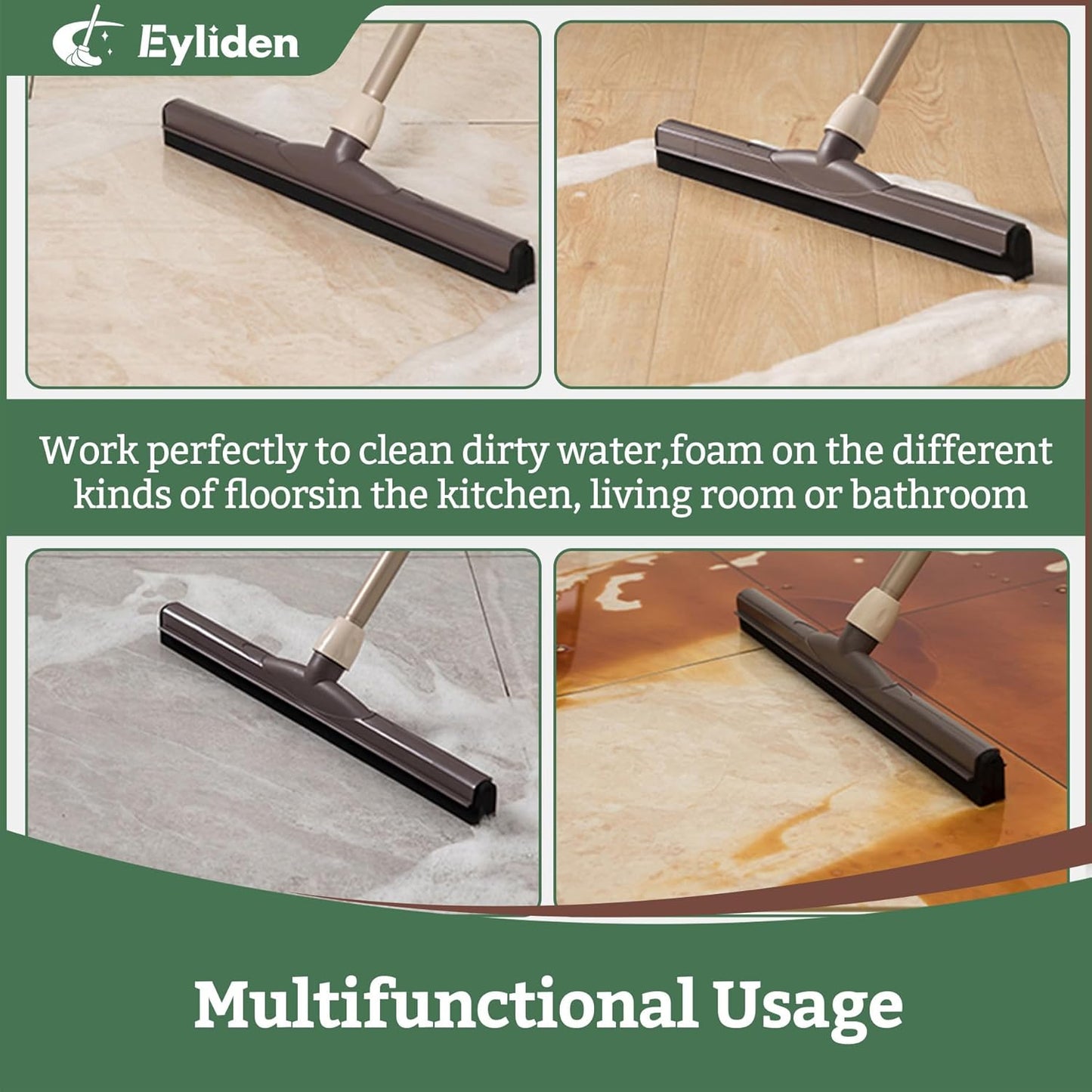 Eyliden Floor Squeegee for Water Removal, 17" EVA Dual-Layer Blade Dries Floors in One Pass, Long Handle, Scratch-Free Water Sweeper for Kitchen, Bathroom, Tile & Hardwood Floors