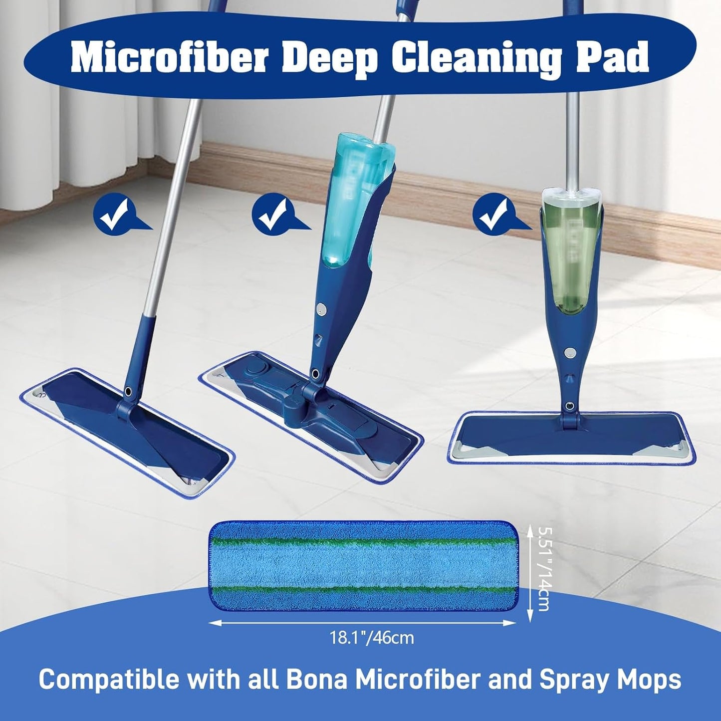 12 Pack 18 Inch Deep Cleaning Replacement Pads Compatible with Bona Family of Mops, Premium Microfiber Floor Mop for Hardwood Floors and Multi-Surface Floor Cleaner