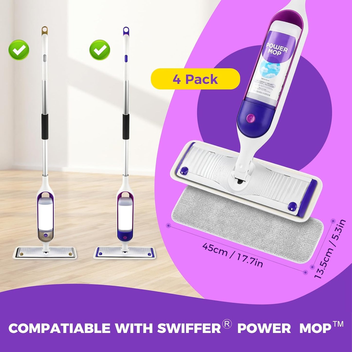 Bisenkud Reusable Pads for Swiffer® Power Mop™ - 100+ Wash Durable, High Absorption 4-Pack, Pet Hair Capture for Hardwood Tile & Vinyl Quick-Dry Refills