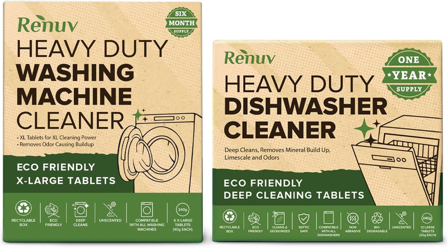 Renuv® Heavy Duty Dishwasher Cleaner & Deodorizer Tablets, Descaler, Deep Cleaning, Natural Odor & Smell Remover, Calcium, Limescale, Hard Water Marks, Grease, Septic Safe Pods (12 Tabs 1 Yr Supply)