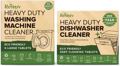 Renuv® Heavy Duty Dishwasher Cleaner & Deodorizer Tablets, Descaler, Deep Cleaning, Natural Odor & Smell Remover, Calcium, Limescale, Hard Water Marks, Grease, Septic Safe Pods (12 Tabs 1 Yr Supply)