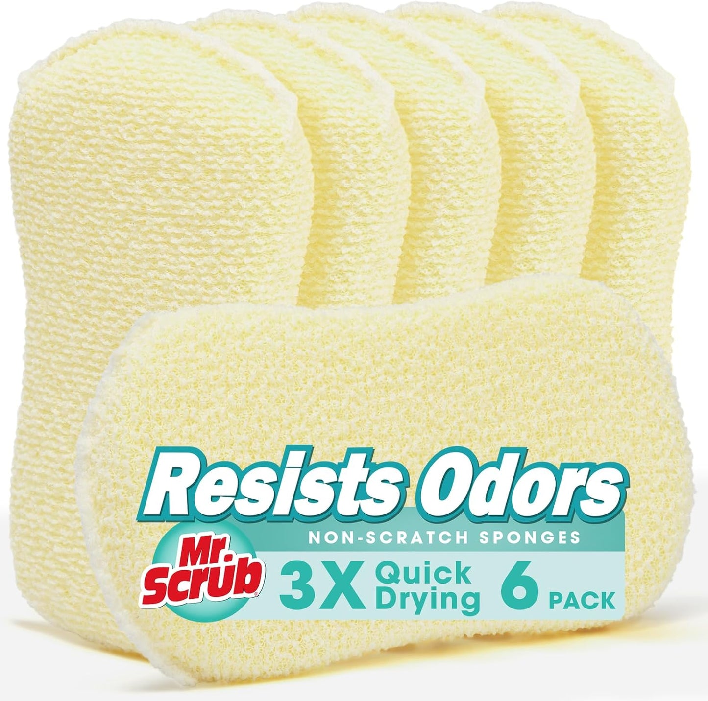 Mr. Scrub Kitchen Sponges, Dish Scrub Sponge 12 Pack Odor-Resistant, Quick-Drying, Non-Scratch for Washing Dishes, Pans, Pots & Nonstick Cookware
