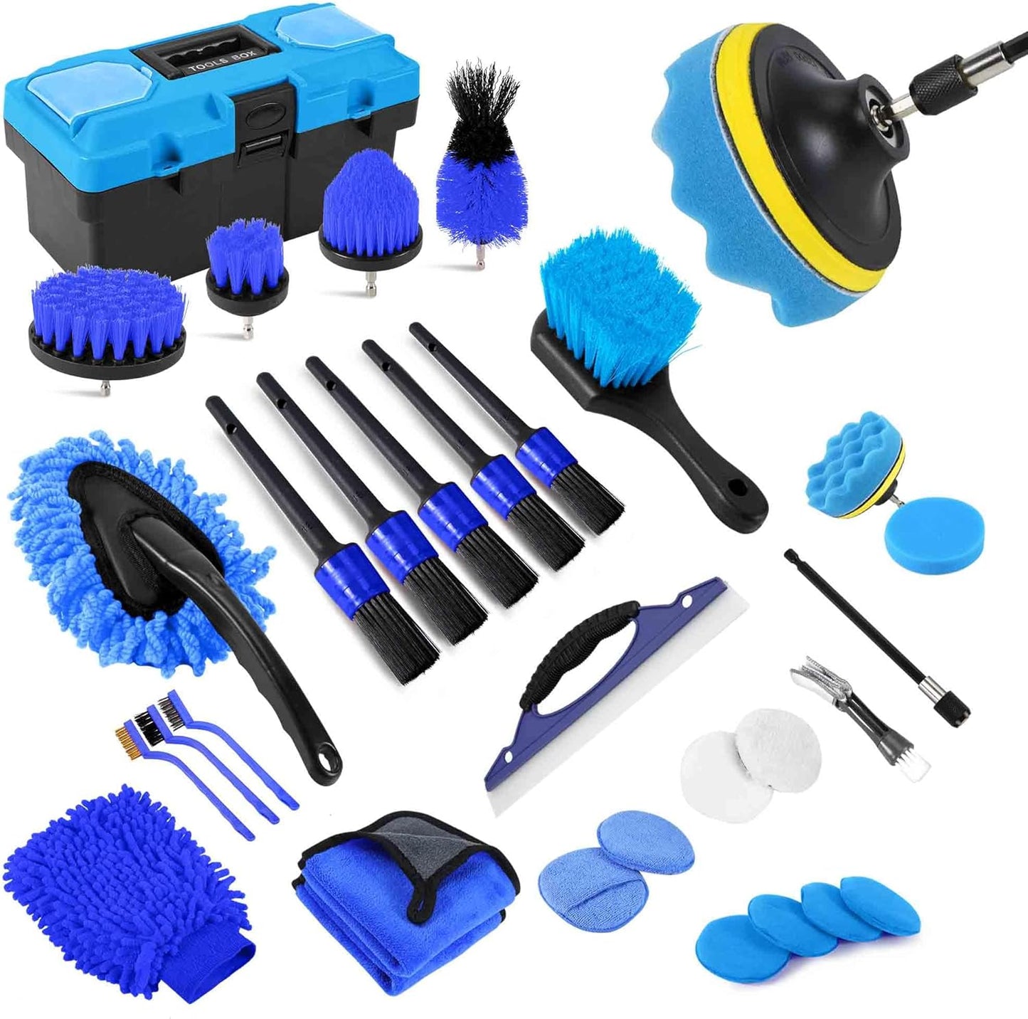 35Pcs Car Detailing Kit & Car Cleaning Kit – Windshield Tool, Long Wheel Brush & 2 Angled Brushes, 4 Polishing Pads & 4 Wax Pads – Red Tool Box – Gift for Men (B：35PCS-R)