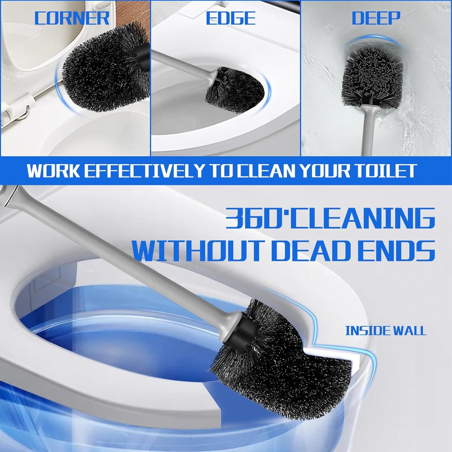 AONEZ Toilet Brush and Holder Set, 2 Pack Long-Handle Toilet Brush, Non-Slip Grip, Nylon Bristles, Deep Cleaning for Bathroom, Toilet Scrubber- Black