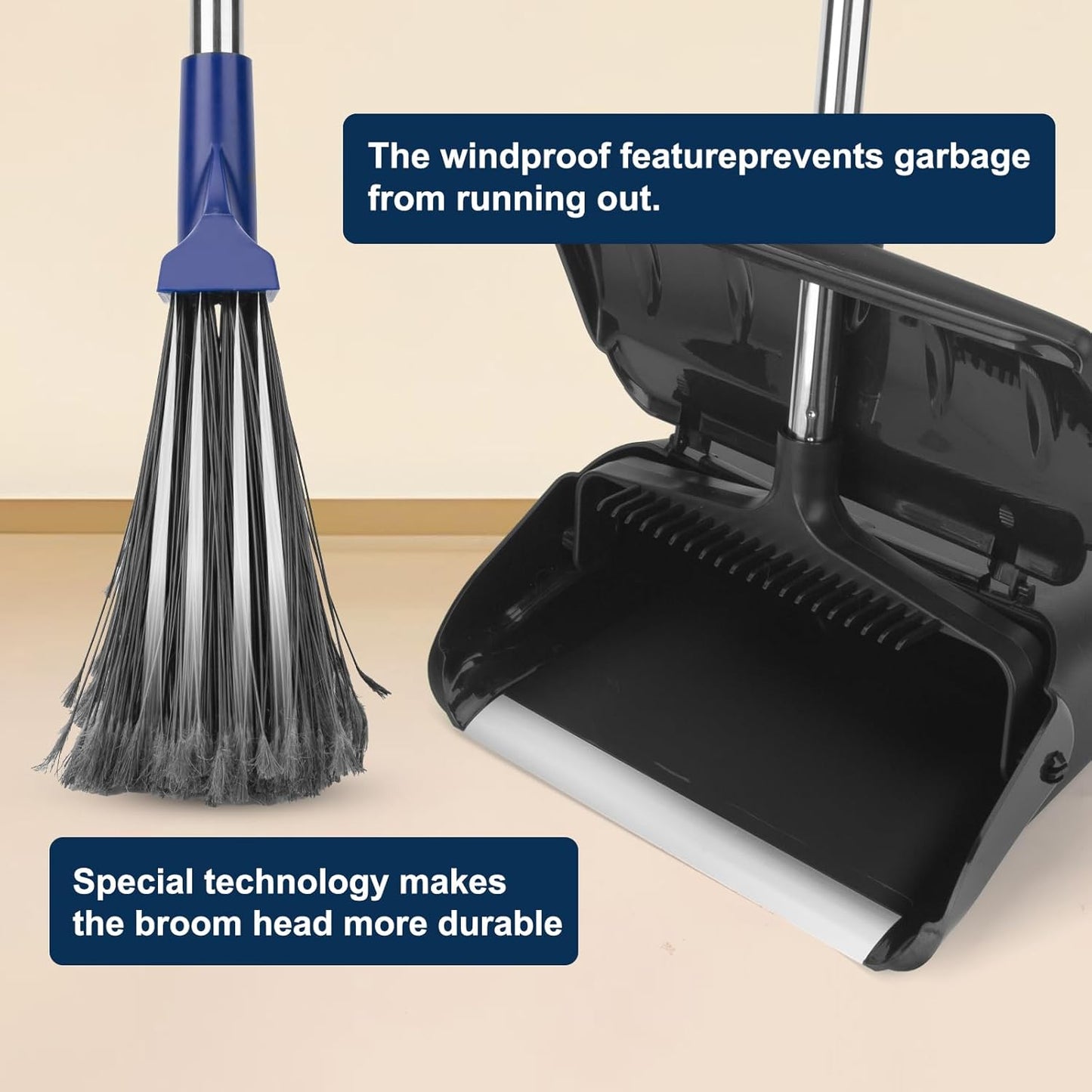 Indoor/Outdoor Heavy Duty Broom and Dustpan Set,Upright Plastic Commercial Dust Pan with 2 Brooms Perfect for Sweeping Courtyard Garage Lobby Kitchen Office Mall Market Shop Floor