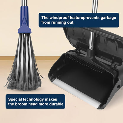 Indoor/Outdoor Heavy Duty Broom and Dustpan Set,Upright Plastic Commercial Dust Pan with 2 Brooms Perfect for Sweeping Courtyard Garage Lobby Kitchen Office Mall Market Shop Floor