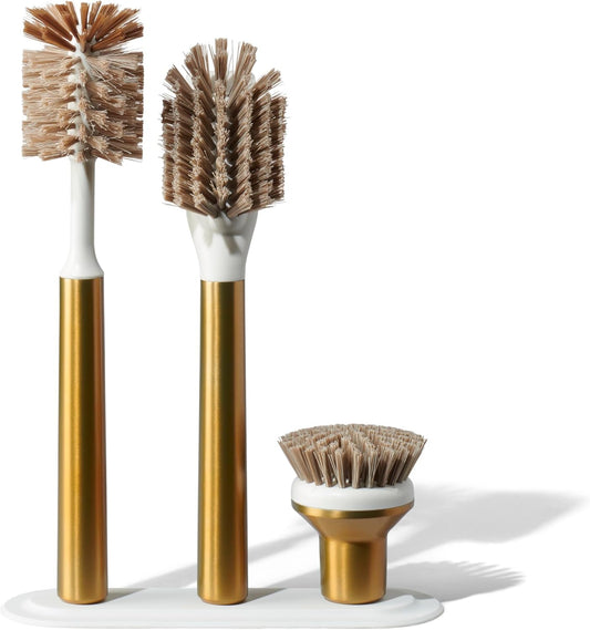 Curio Home Goods Ionic Brush Set, Magnetized to Stand Upright, Stainless Steel with Replaceable Heads, Brass/Gold