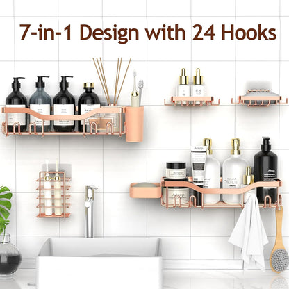 NESOMI Shower Caddy Adhesive Shower Organizer 7-Pack, Rustproof Stainless Steel Bathroom Shelves, Large Capacity No-Drill Rack Storage Accessories with Soap Dish Toothbrush Holder &24 Hooks Home Decor
