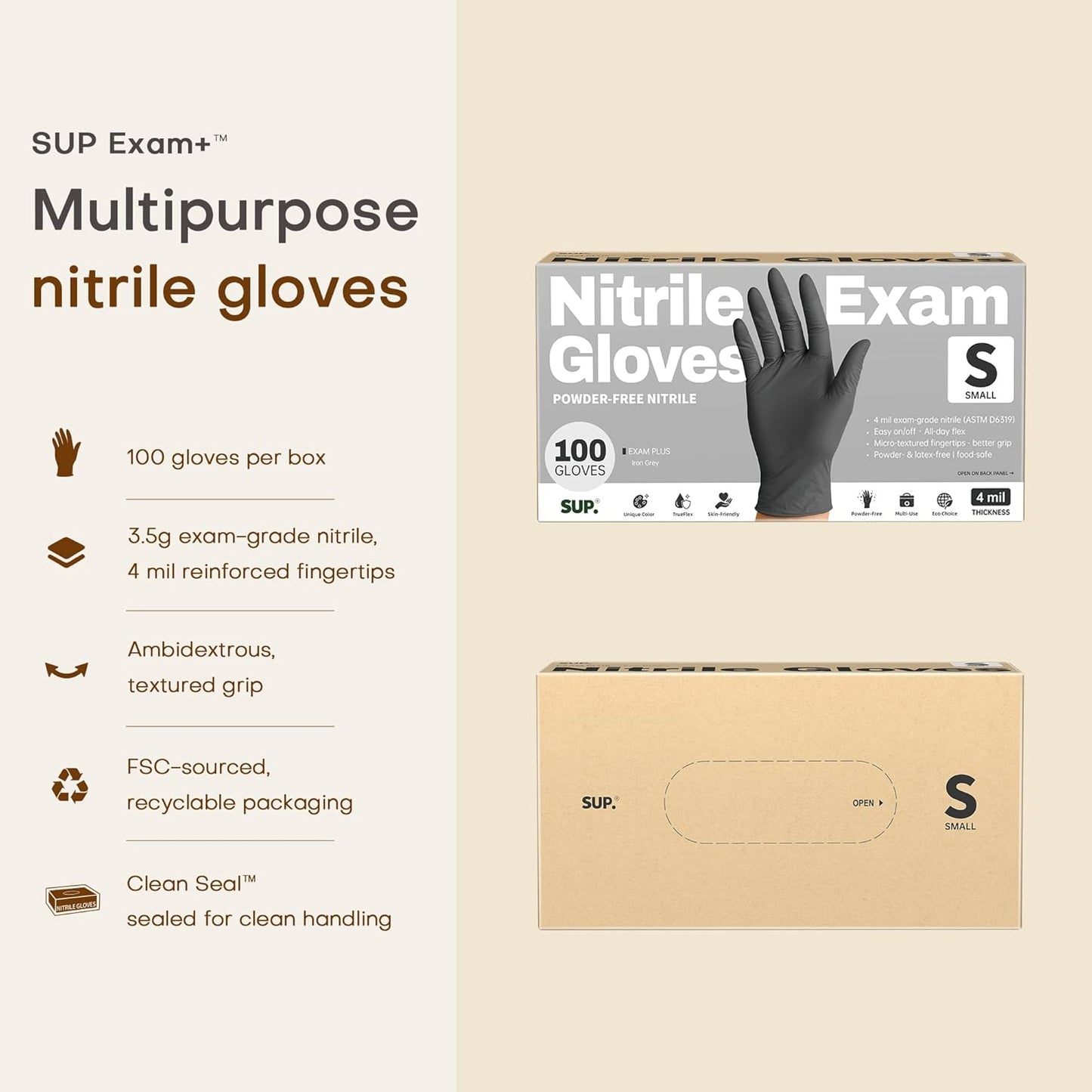 SUP Powder-Free Nitrile Exam Gloves, 100 Count, Food Safe Latex-Free Medical Non-Sterile Cooking Disposable Glove, Black