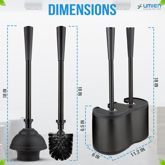 UMIEN Toilet Brush and Plunger Set 18-in - Updated 2025 No-Rust - Stainless Steel Design - Long Handles - with Freestanding Canister