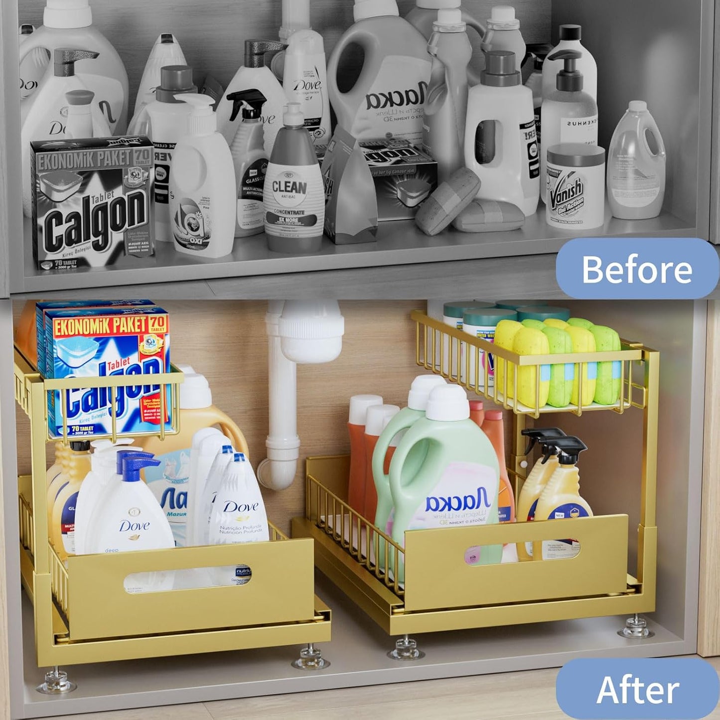 Saydear Under Sink Organizer Storage 2-Tier Premium Metal Pull-Out Kitchen Cabinet Organizer with Sliding Drawer, Height Adjustable, Heavy Duty for Kitchen & Bathroom Organizers 2 Pack Black