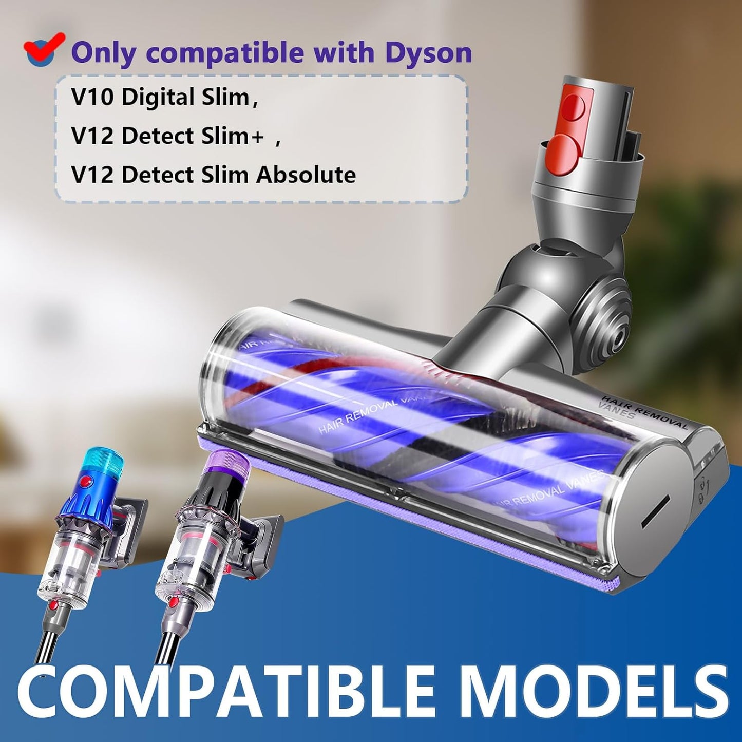 Vacuum Head Replacement Compatible with Dyson V8 V10 V11 V15 Vacuum Cleaner Upgrade Anti-Tangle Replacement Cleaner Head with Adjustable Suction Green Light Suitable for Hardwood Floor