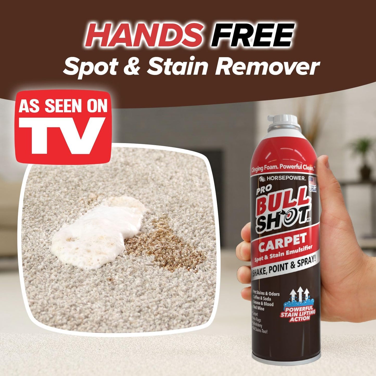 Bull Shot MAX Strength Carpet Spot & Stain Remover, AS-SEEN-ON-TV, Made In US, Just Point & Spray, Stain-Lifting Foam Action, Coffee, Wine, New & Old Stains & More