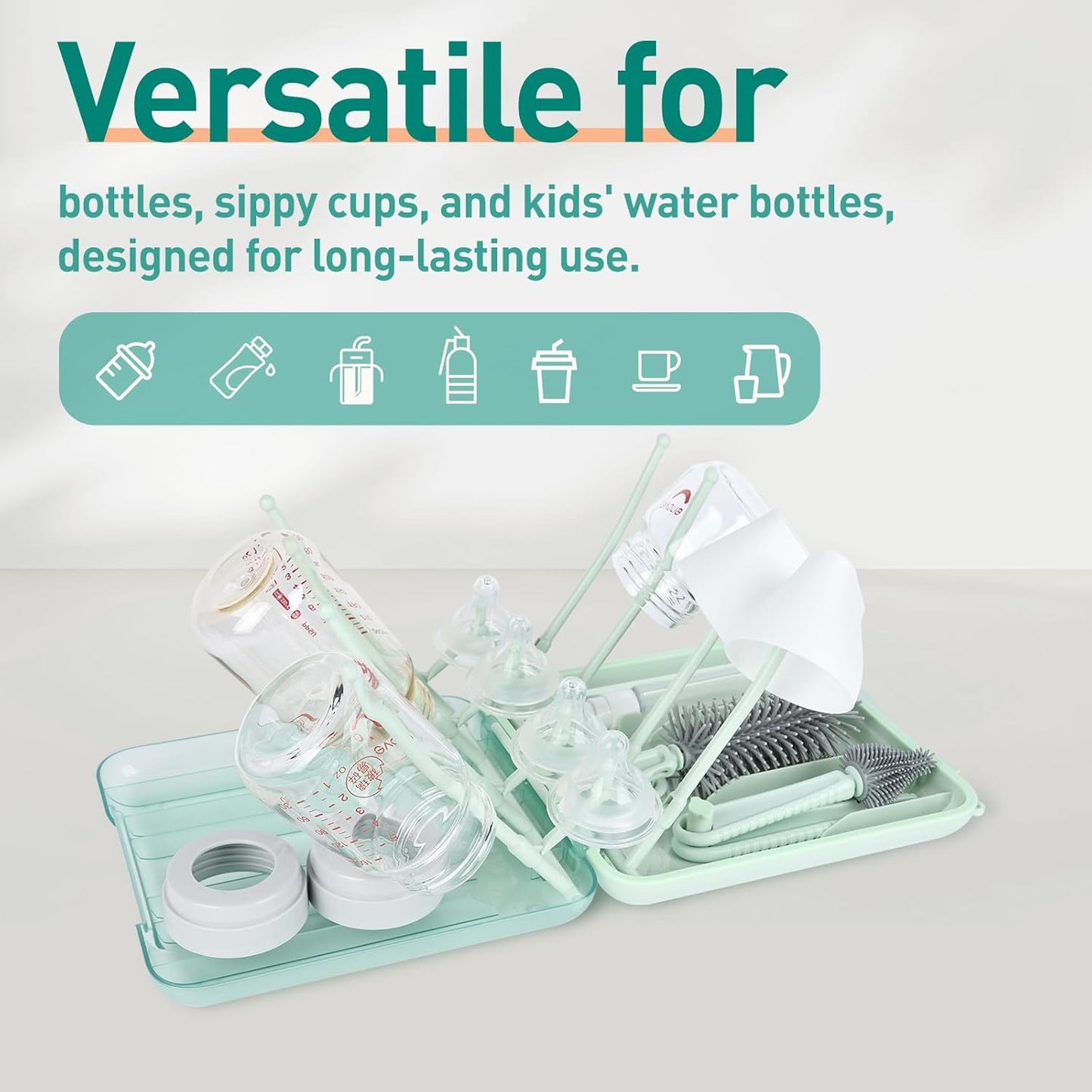 Baby Bottle Brush Set, 6-in-1 Travel Bottle Cleaner Kit with Silicone Bottle Brush, Nipple & Straw Brush, Soap Dispenser, Drying Rack, Storage Box – Compact Baby Travel Essential for Home & On-The-Go