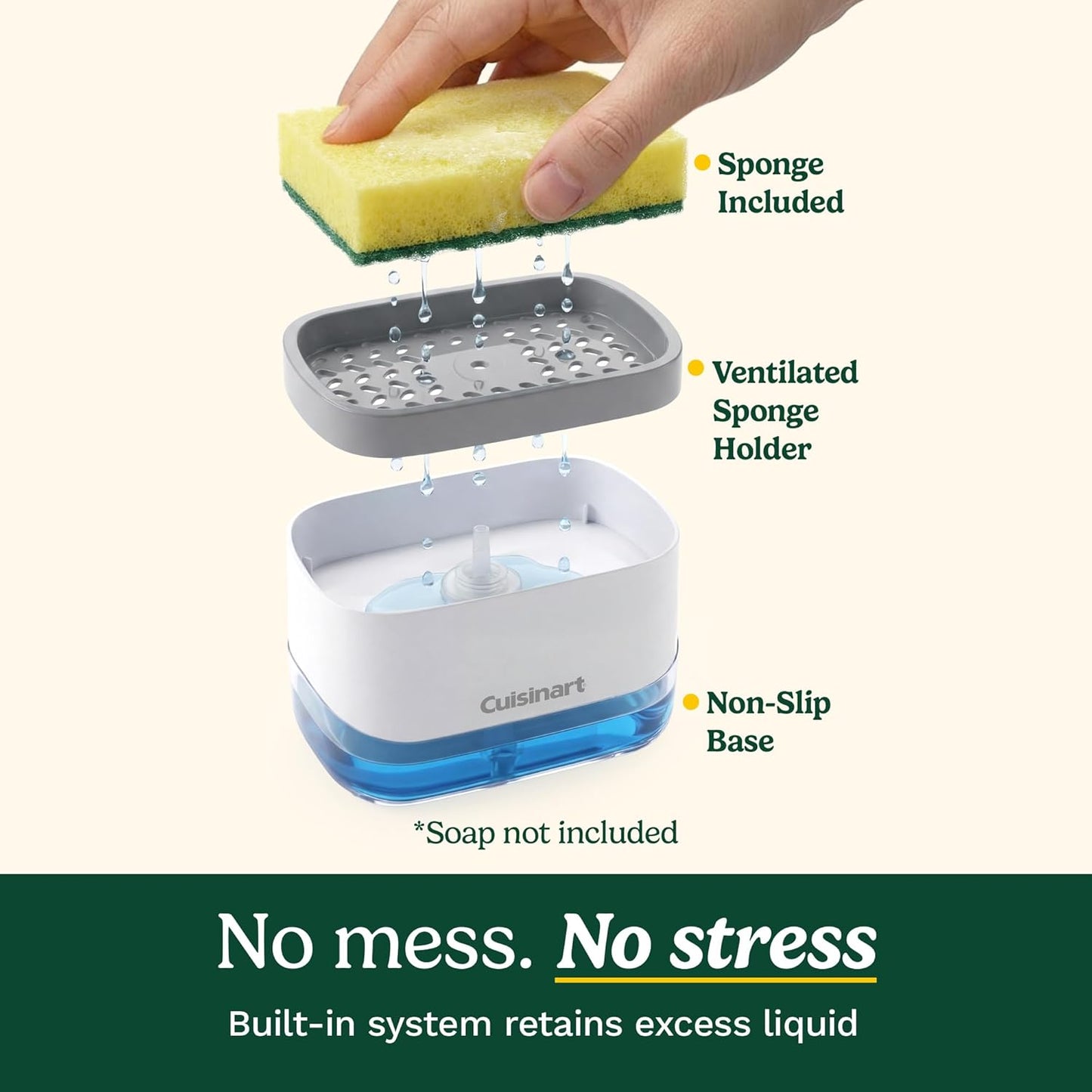 Cuisinart 2-in-1 Dish Soap Dispenser with Sponge Holder and Sponge for Kitchen Sink – Soap Pump Organizer Set with Tray, Countertop Caddy for Dishes, Dishwashing Liquid Dispenser, Sink Essentials