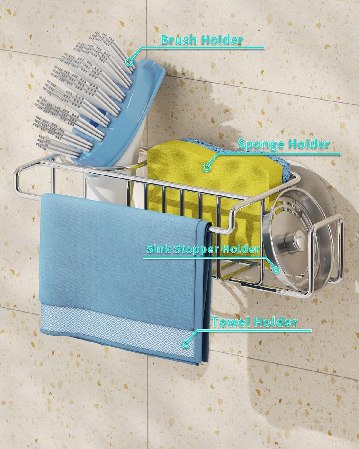 HapiRm 4 in 1 Kitchen Organizers and Storage, SUS304 Stainless Steel Brush Holder + Dish Cloth Hanger + Soap Rack + Sink Stopper Rack, No Drill Kitchen Essentials - Black