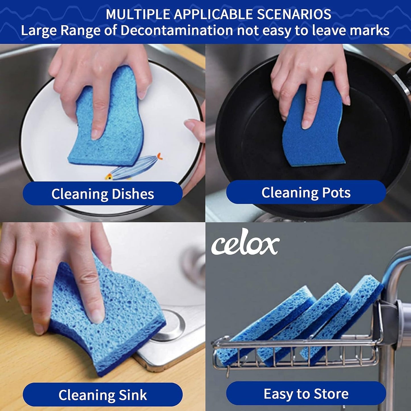CELOX Sponges Kitchen Sponges for Dishes and Cleaning, 2-Sided Scrub Sponges Dish Sponge and Kitchen Sponge for Washing Dishes, Heavy Duty, Non-Scratch, Sinks, Household Use, Green and Yellow, 12-Pack