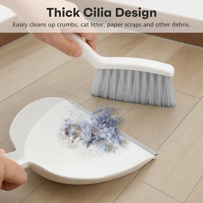 NACENA Mini Broom and Dustpan Set, Small Dust Pan and Brush Set with Handle Dustpan Teeth for Cleaning Hair Suitable for Office Desks Drawers Sofas Outdoor Camping, Light & Purple