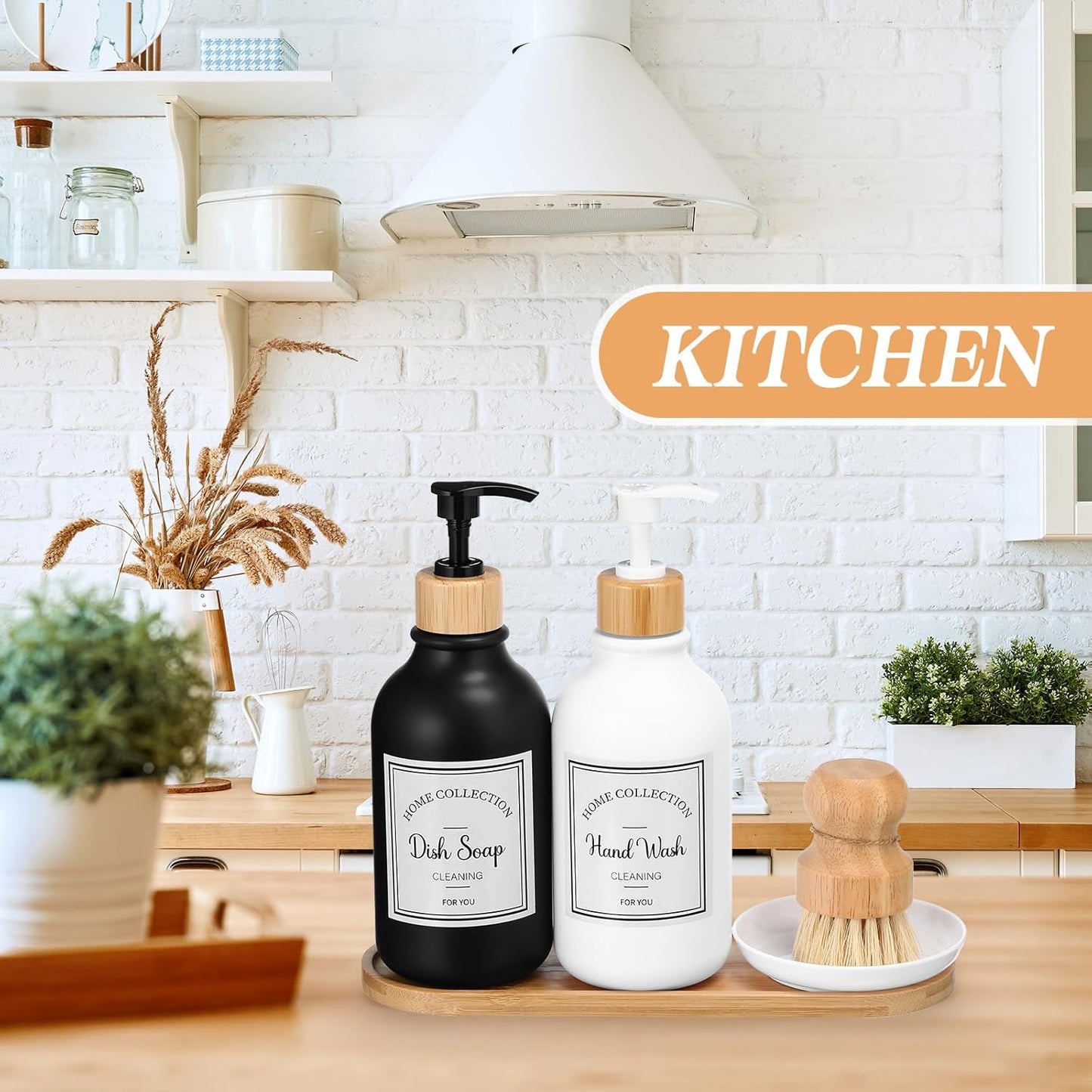 Zopeal 4 Pcs 16 oz Kitchen Soap Dispenser Set with Bamboo Tray and Dish Brush Plastic Soap Dispenser Set with Waterproof Labels for Hand Dish Lotion(Frosted Black)