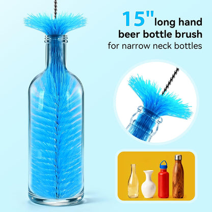 Bottle Brush Set with Straw Cleaner Brush and 3 in 1 Cup Lid Cleaning Brush, Water Bottle Cleaner with Long Handle for Cleaning Narrow Neck Beer, Cup, Wine Glasses, Tumblers, Baby Bottles