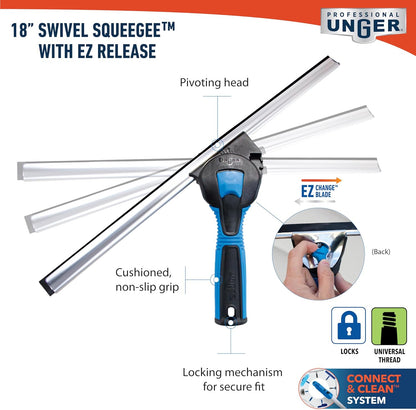 Unger 18-inch Professional Grip Swivel Squeegee – Professional Grade Window Squeegee for the Home, Large Squeegee for Glass Window Cleaning