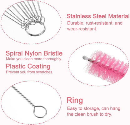 uxcell Straw Cleaner Brush Set, 8.3 Inch Nylon Tube Pipe Cleaners, Set of 10 Stainless Steel Long Straw Brush for Drinking Straw, Bottle, Tube, Cup, Pink