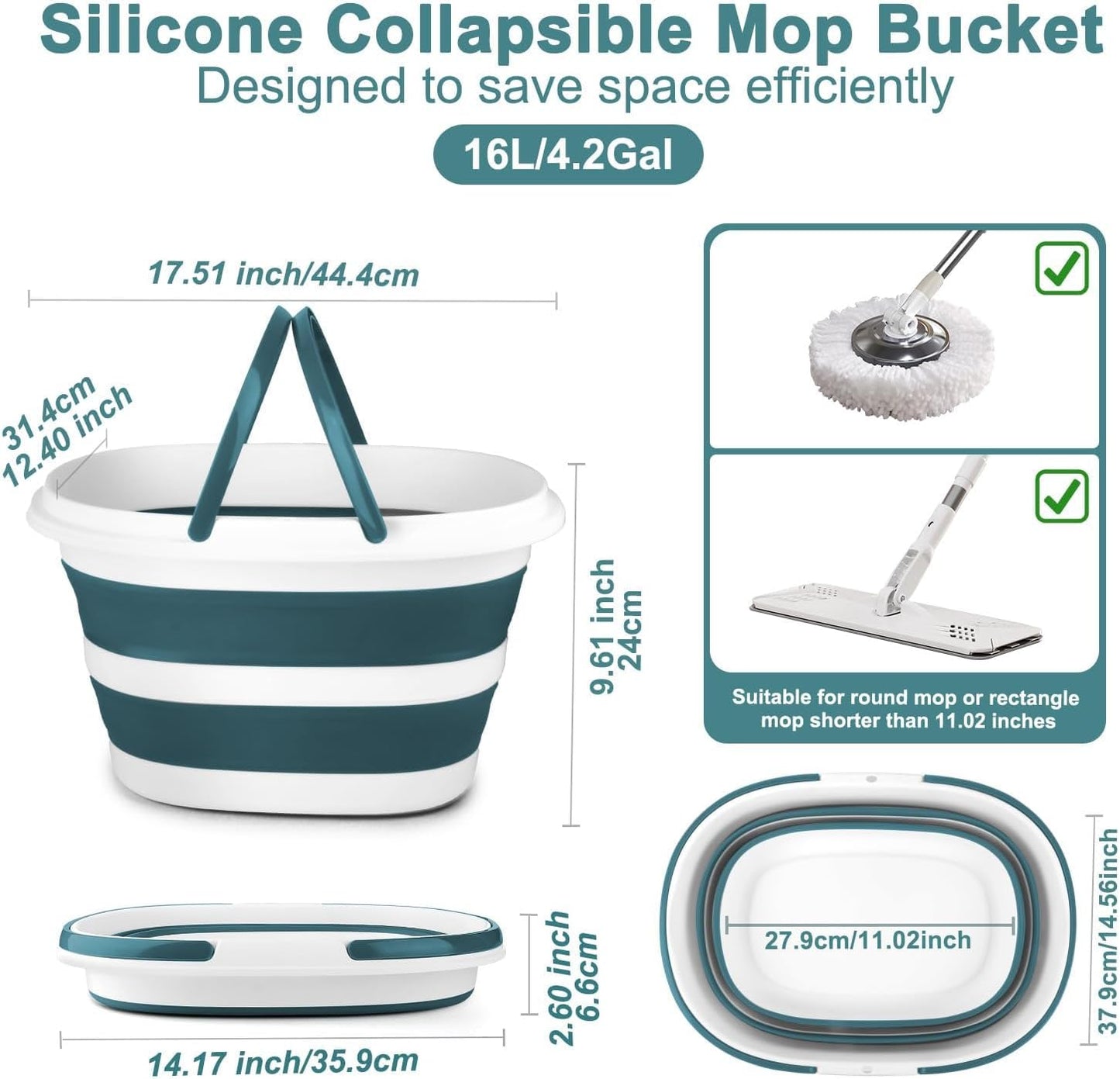 Collapsible Mop Bucket with Handle for Cleaning, 16L(4.2 Gallon) Silicone Square Mopping Bucket for Windows Cleaning or Car Washing, Cleaning Supplies Organizer Plastic Bucket for Storage