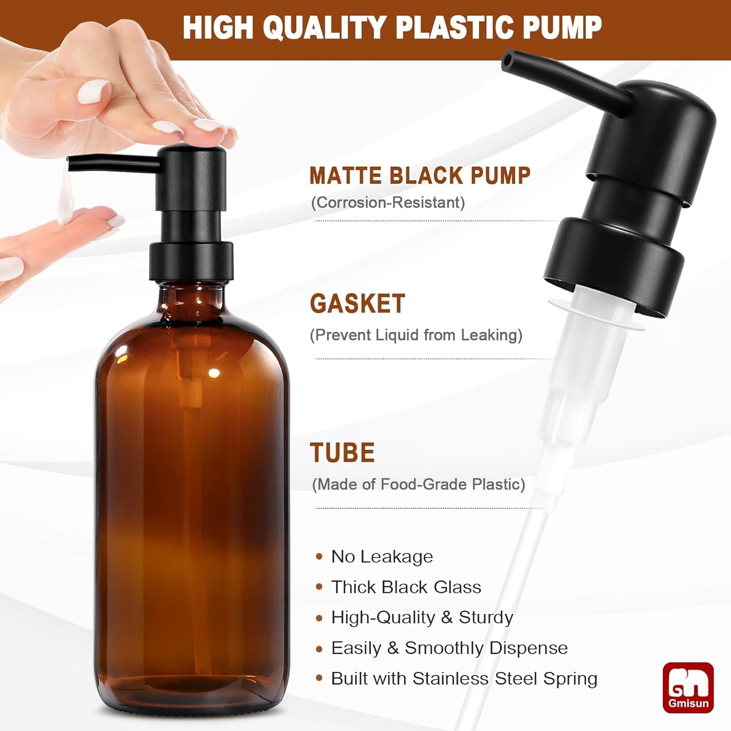 GMISUN Kitchen Soap Dispenser Set, 16 Oz Hand and Dish Soap Dispenser with Ceramic Tray & Bamboo Dish Brush, 2 Pack White Glass Liquid Pump Bottle, Modern Farmhouse Refillable Dish Soap Bottle