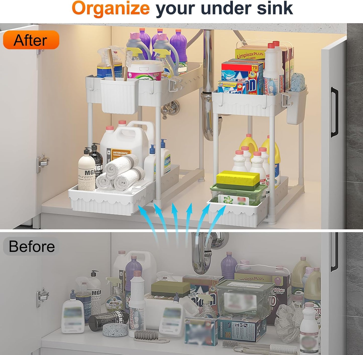 Sevenblue 4 Pack Under Sink Organizer, Bathroom Organizers and Storage, 2 Tier Multi-Use Pull Out Cabinet Organizer with Hang Hooks and Cups (Black, 4 Pack)