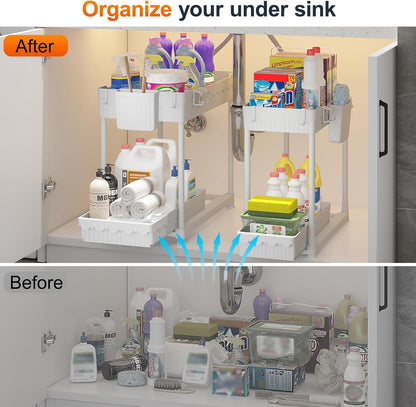 Sevenblue 4 Pack Under Sink Organizer, Bathroom Organizers and Storage, 2 Tier Multi-Use Pull Out Cabinet Organizer with Hang Hooks and Cups (Black, 4 Pack)