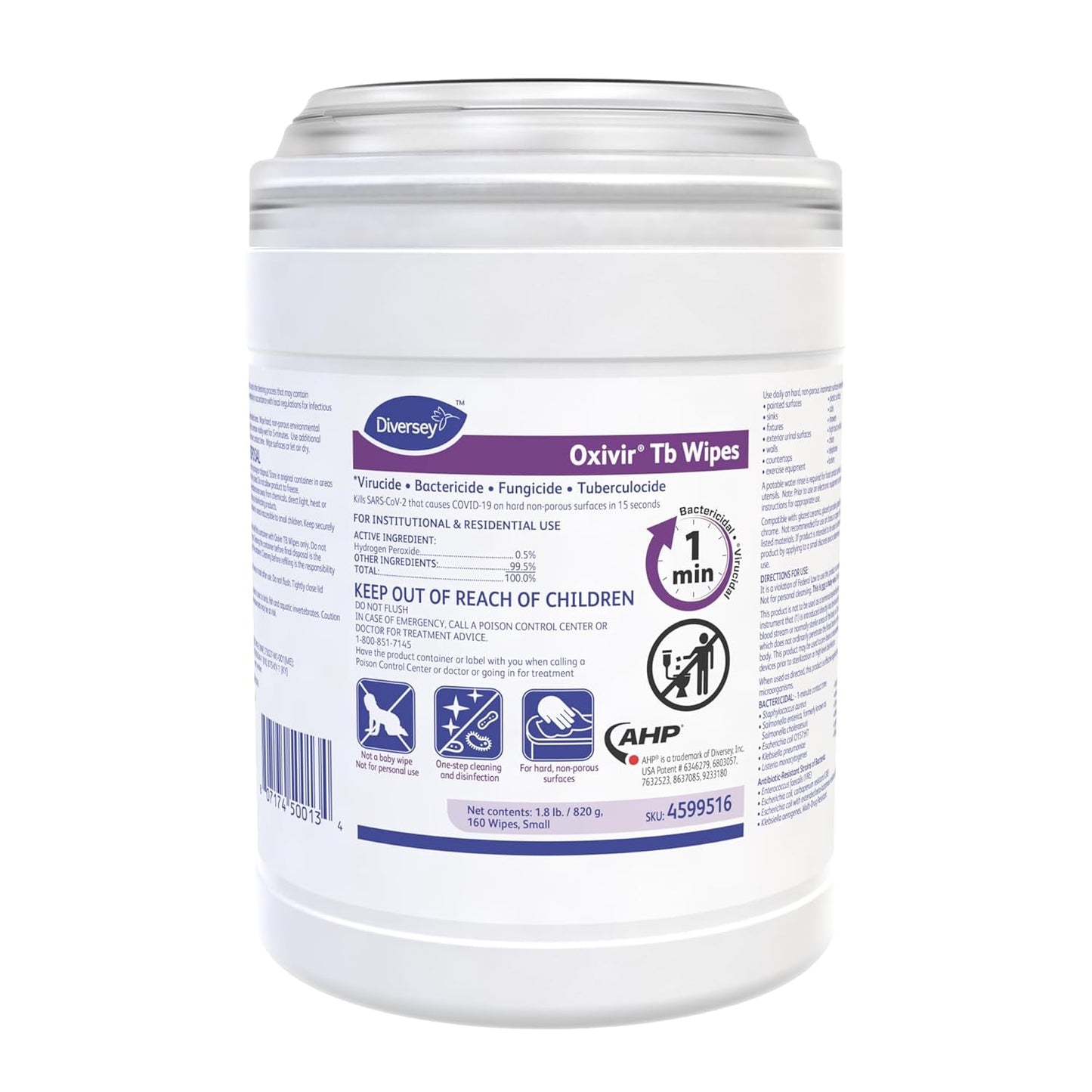 Oxivir Diversey Tb 5388471 Ready-to-Use Disinfectant Cleaning Wipes, Accelerated Hydrogen Peroxide, Large 7x8-Inch Sheets, 60-Wipes, 1-Slim Canister