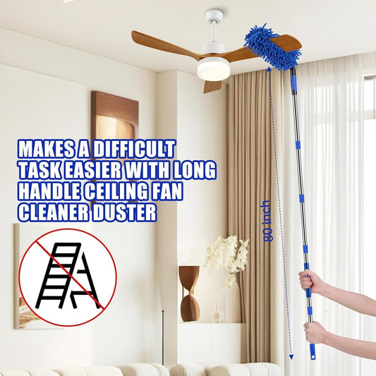 CALBEAU Ceiling Fan Cleaner Duster with 80" Extension Pole, Flexible and Washable Chenille Fan Duster for High Ceiling Fan Blades Light Fixtures Furnitures